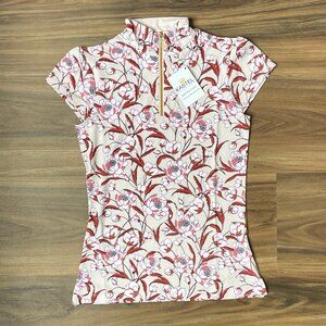 Kastel Denmark Women's Cap Sleeve Sun Shirt - Tan & Pink Peonies - XS